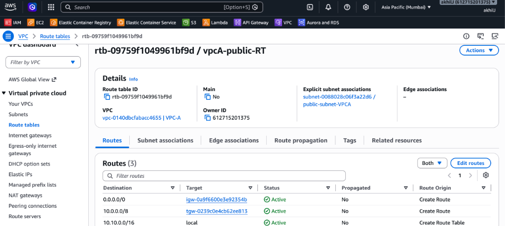 VPC-A Route Table Configuration