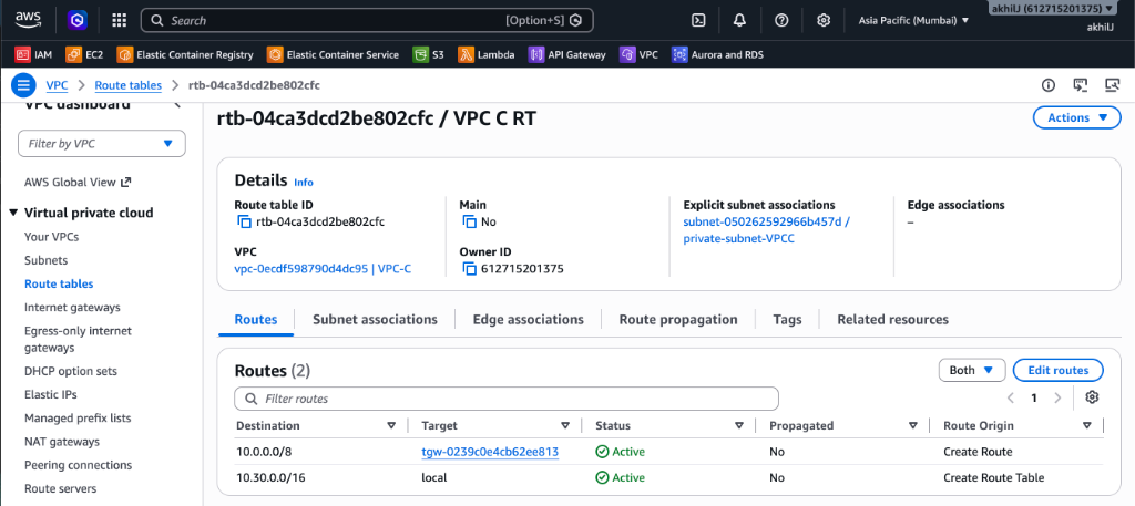 VPC-C Route Table Configuration